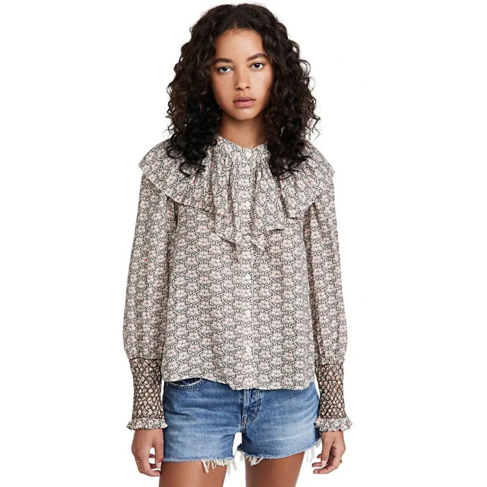 Sea New York Amalia Flounce Ruffle Button Down Top Yoke Bib Blouse Size L Floral